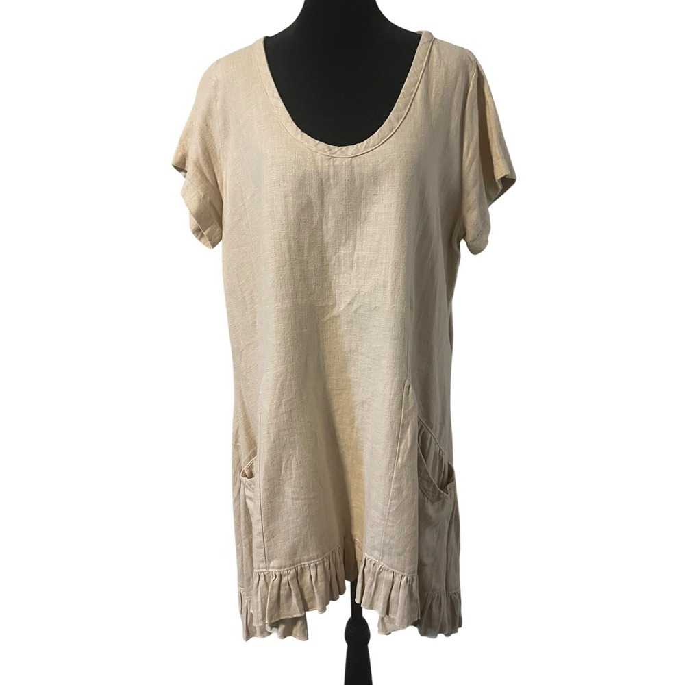 Heart's Desire By Mary Grace Linen Ruffle Lagenlook Tunic Medium Khaki Color